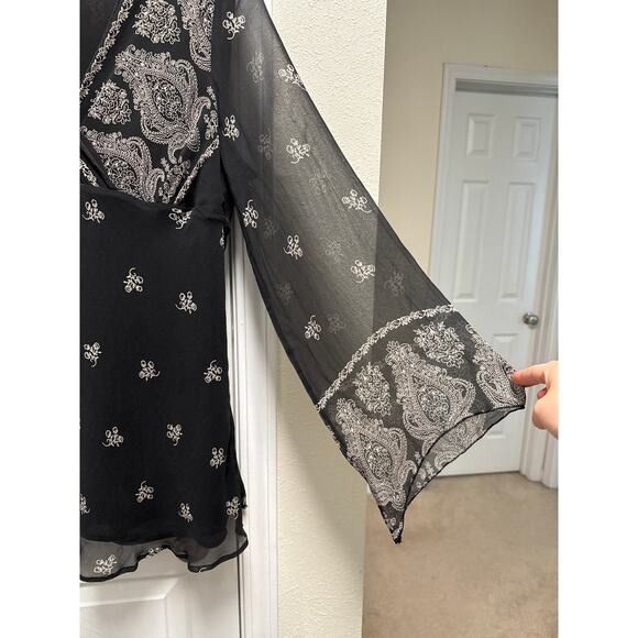 Y2K Black V Neck Floral Paisley Print Fairy Sleeves Silk Baby Doll Top Size XL - Picture 5 of 7